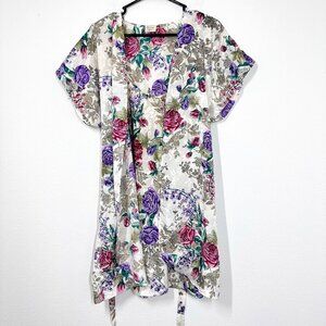 Vintage California Miss Womans Slick Satin Robe Ivory Floral Robe Slip Set